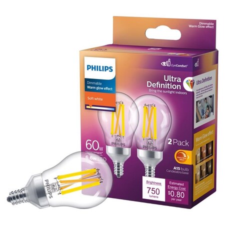 Philips LED Light Bulb, E12 Candelabra Lamp Base, Dimmable, Warm Glow, 2200 To 2700 K Color Temp